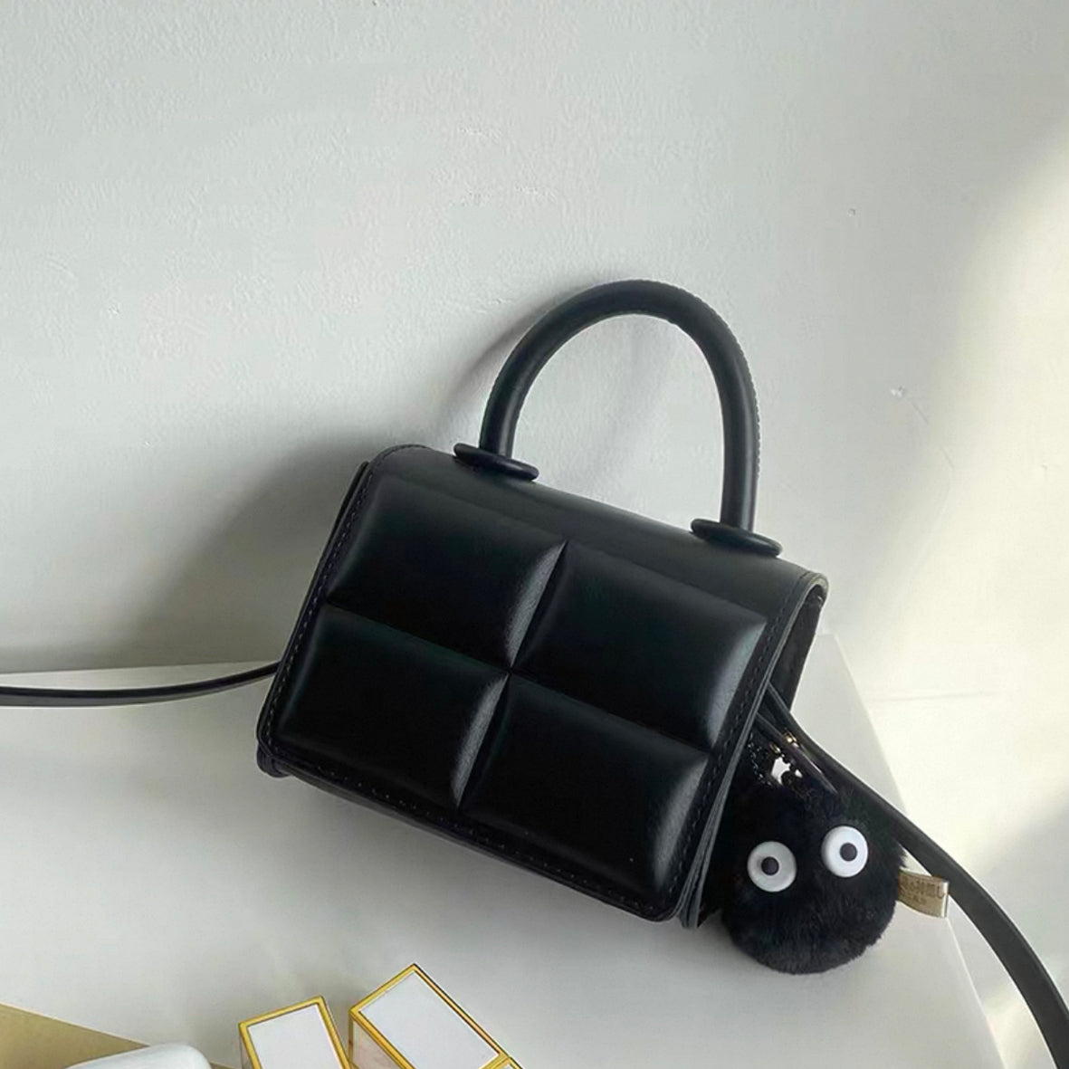 Mini Quilted Top-Handle Crossbody Bag with Charm