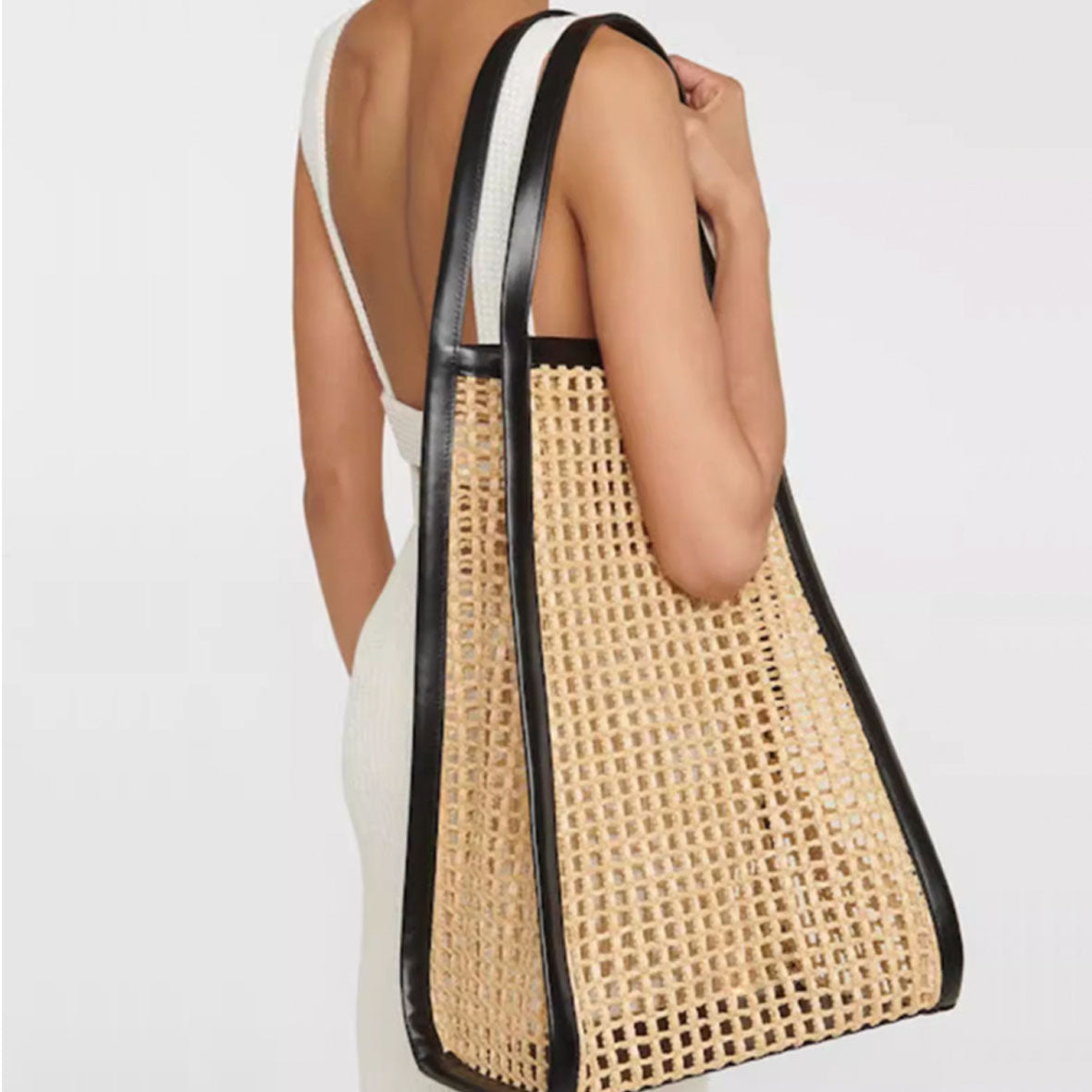 Raffia mesh and leather tote bag