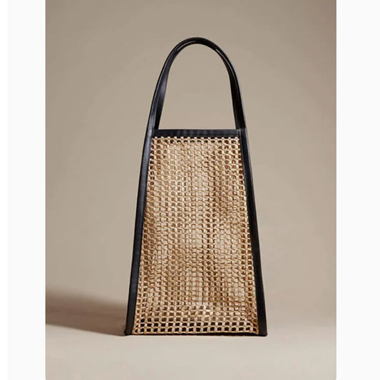 Raffia mesh and leather tote bag